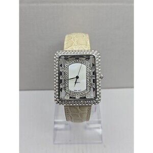 Adrienne Womens Rhinestone Open Square Watch Cream Croc Leather New Battery